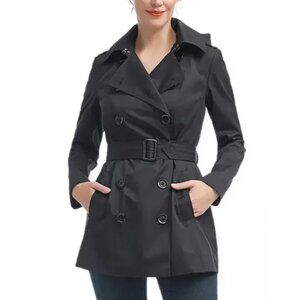 Kimi + Kai Black Double Breast Belt Noa Hooded Waterproof Trench Coat Small NWT